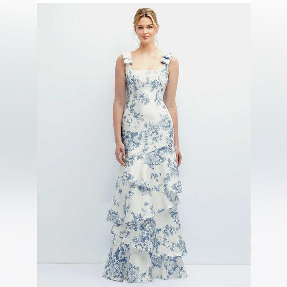 new Dessy Collection FLORAL BOW-SHOULDER SATIN MAXI DRESS - Picture 1 of 9